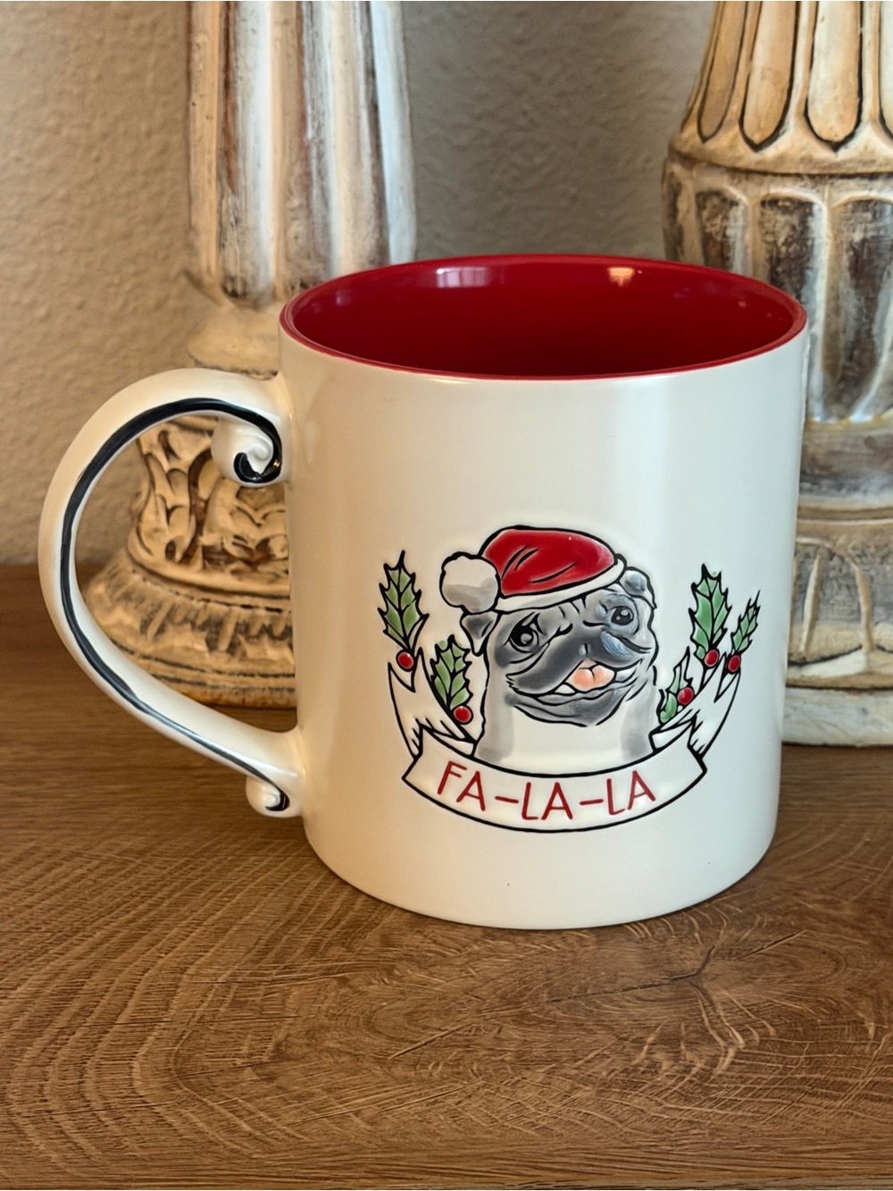 Oversized Christmas Pug Ceramic Mug with Red Interior